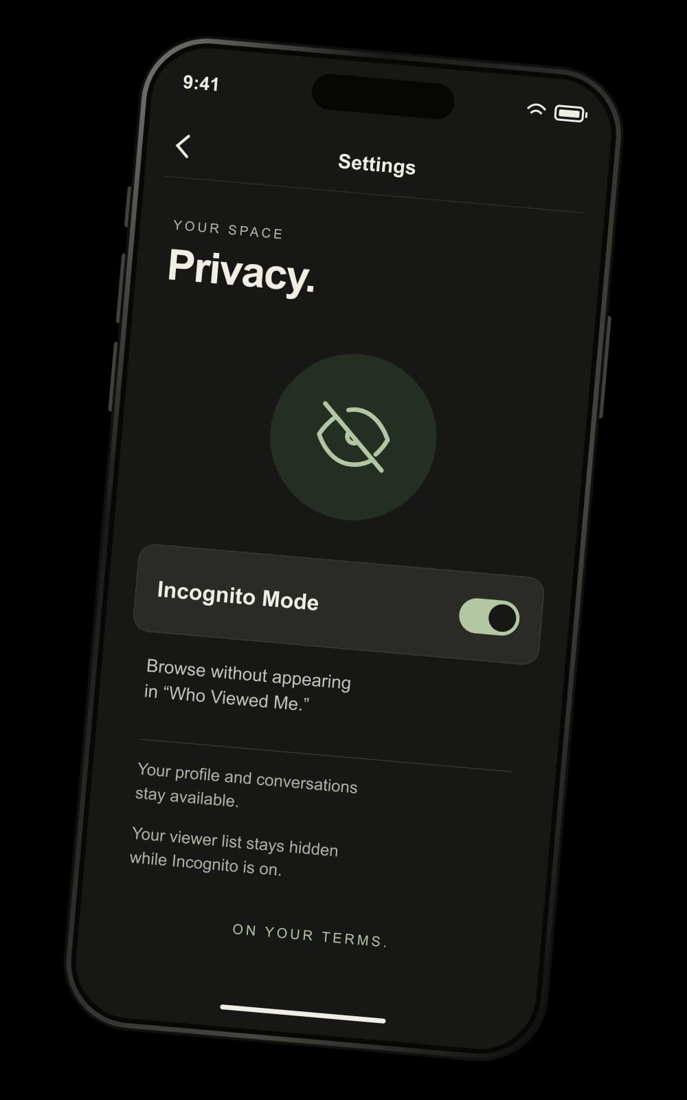 Illustration of Chunkr’s Incognito Mode: your visits and viewer list stay hidden while your profile and conversations remain available